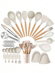 36pcs Silicone Kitchen Cooking Utensils, Heat-Resistant Cooking Utensils Set Of Wooden Handles, Non-Stick Kitchen Gadgets, Including Scraper Spoons, Pizza Knives, Kitchen Stuff Kitchen Accessories Home Kitchen Items