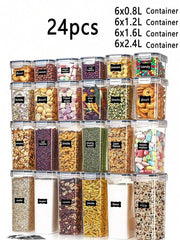 4/6/7/10/12/18/24pcs Airtight Food Storage Containers: Plastic Canisters For Spaghetti, Dry Food, Flour & Sugar - Includes Labels!