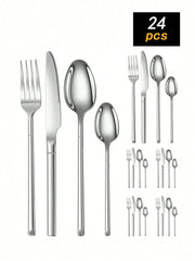 4pcs/16pcs/24pcs Stainless Steel Knight Tableware Set, Knife, Fork, Spoon, Western Dinner Cutlery, Steak Knife & Fork, Dessert Spoon, For Hotel & Restaurant,School Supplies
