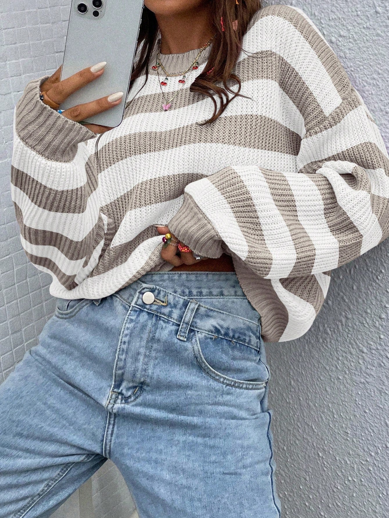 Women's Striped Knit Sweater – Casual Drop Shoulder Long Sleeve Pullover