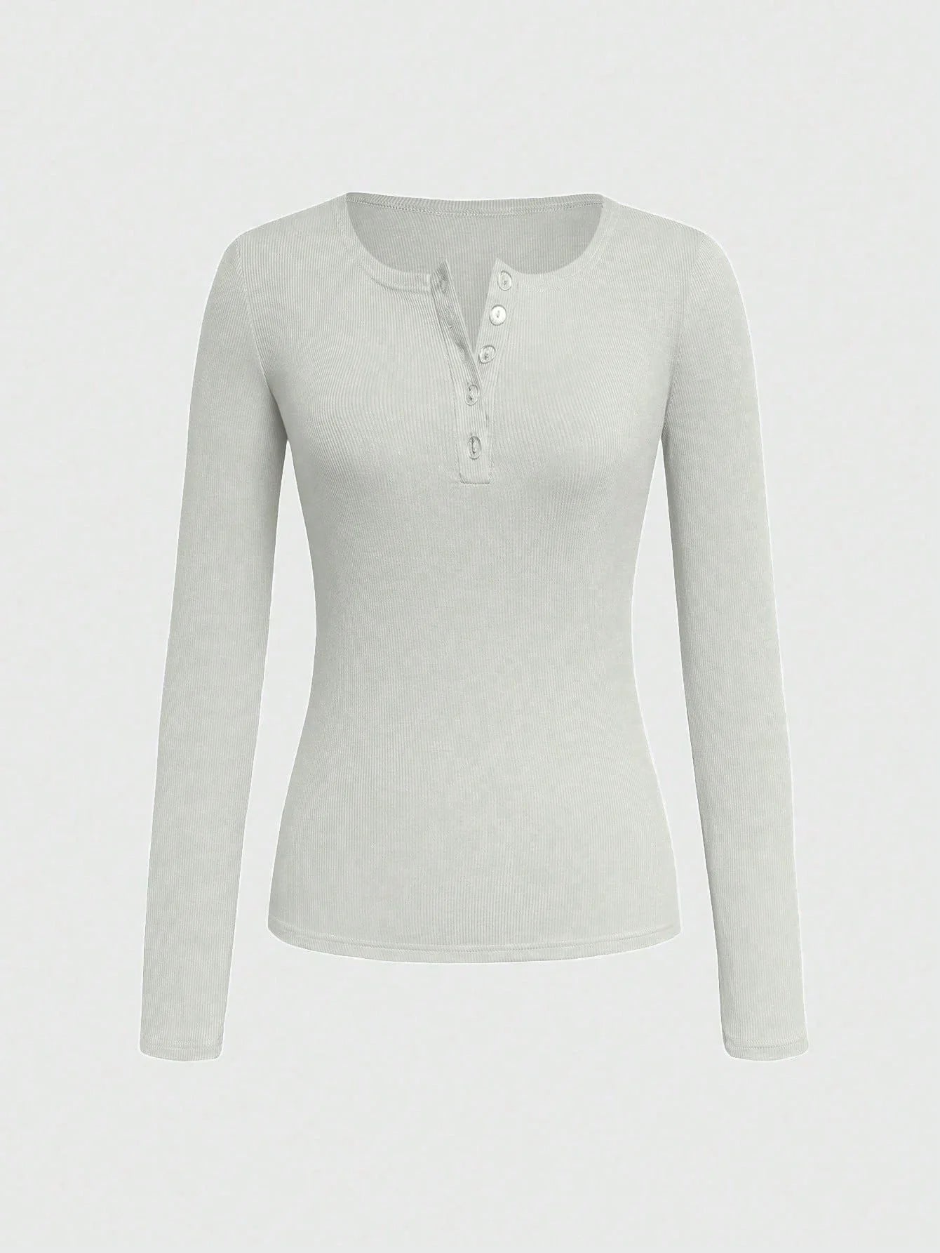 Women's Ribbed Button Long Sleeve Top – Slim Fit Casual Scoop Neck T-Shirt
