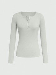 Women's Ribbed Button Long Sleeve Top – Slim Fit Casual Scoop Neck T-Shirt