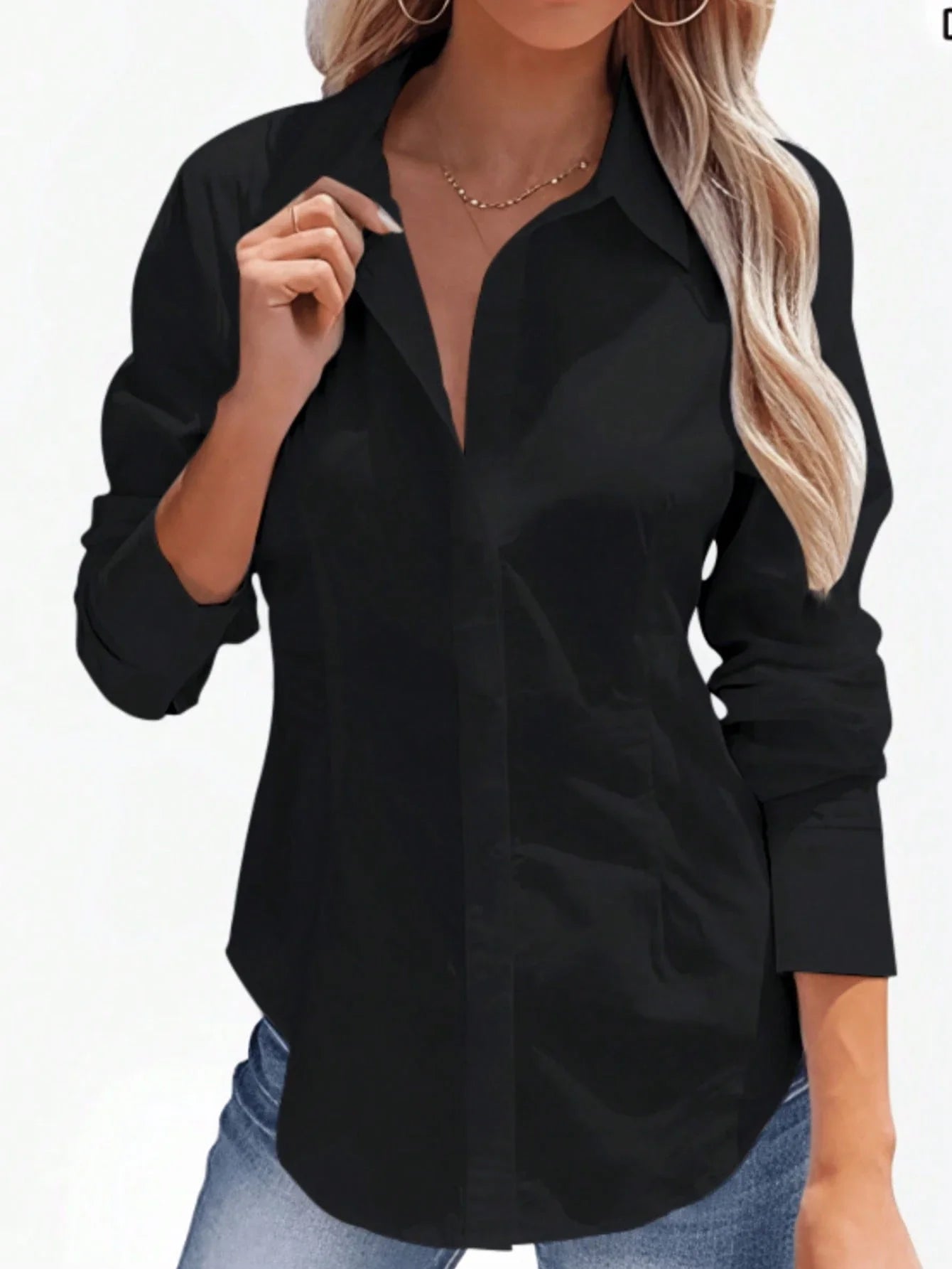 Women's Elegant Button-Up White Shirt – Casual Long Sleeve Office Blouse