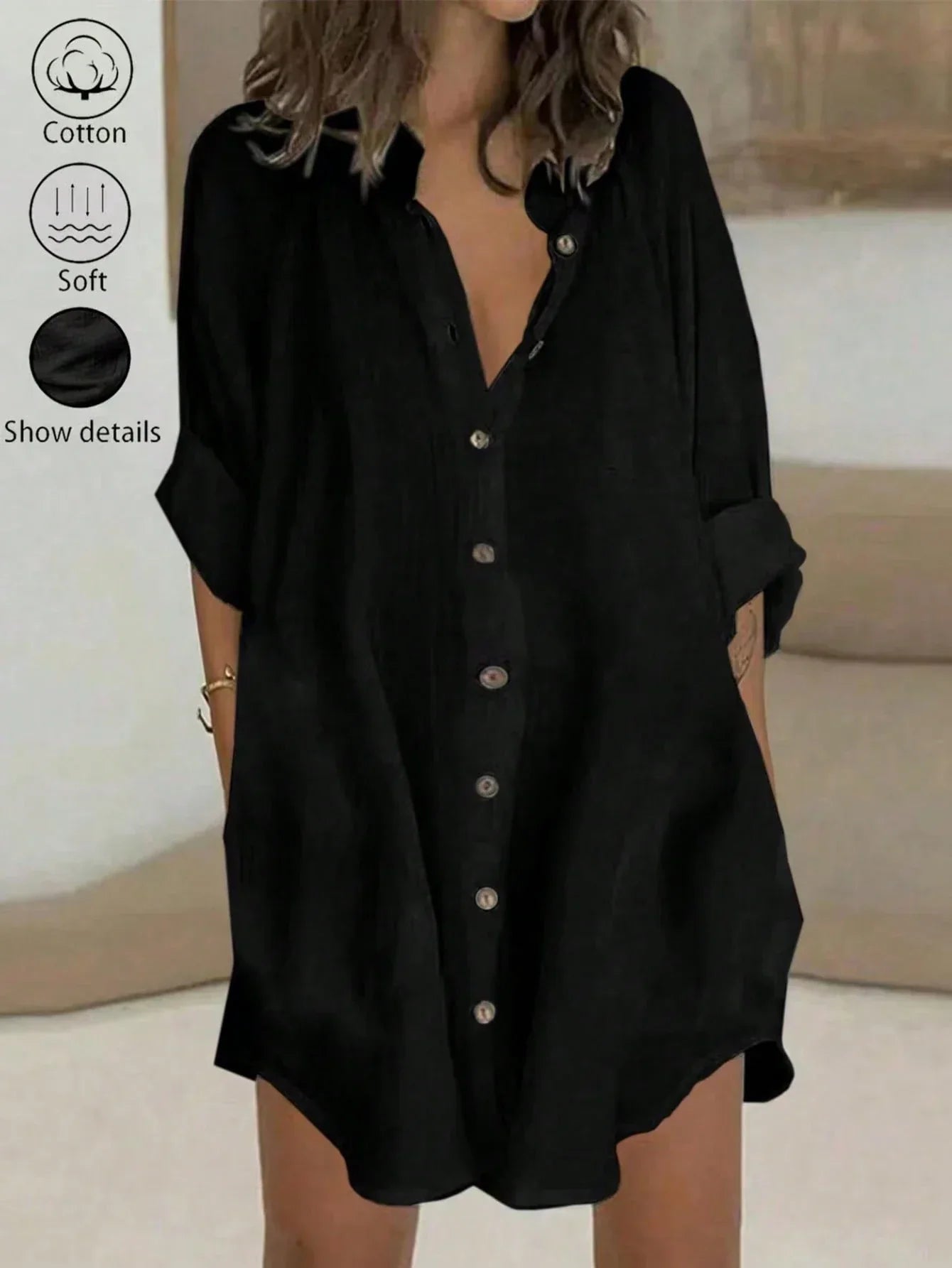 Women's Casual Button-Front Long Sleeve Shirt Dress – Black Cotton Midi Dress
