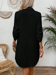 Women's Casual Button-Front Long Sleeve Shirt Dress – Black Cotton Midi Dress