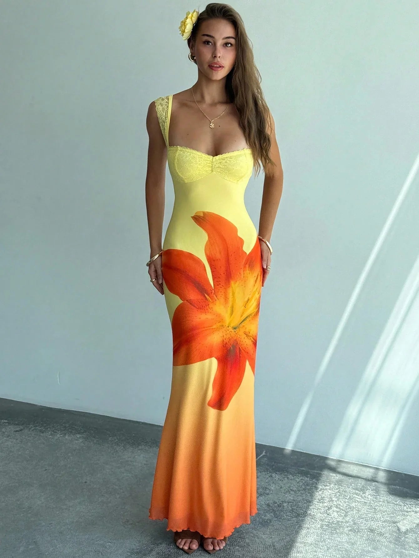Women's Floral Mesh Backless Mermaid Maxi Dress – Yellow Gradient Bodycon Dress