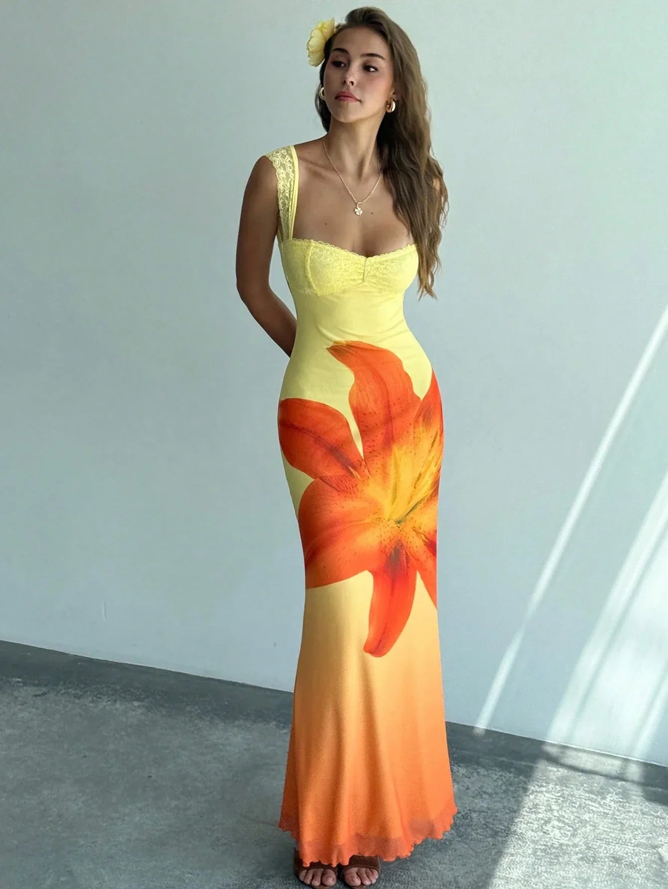 Women's Floral Mesh Backless Mermaid Maxi Dress – Yellow Gradient Bodycon Dress