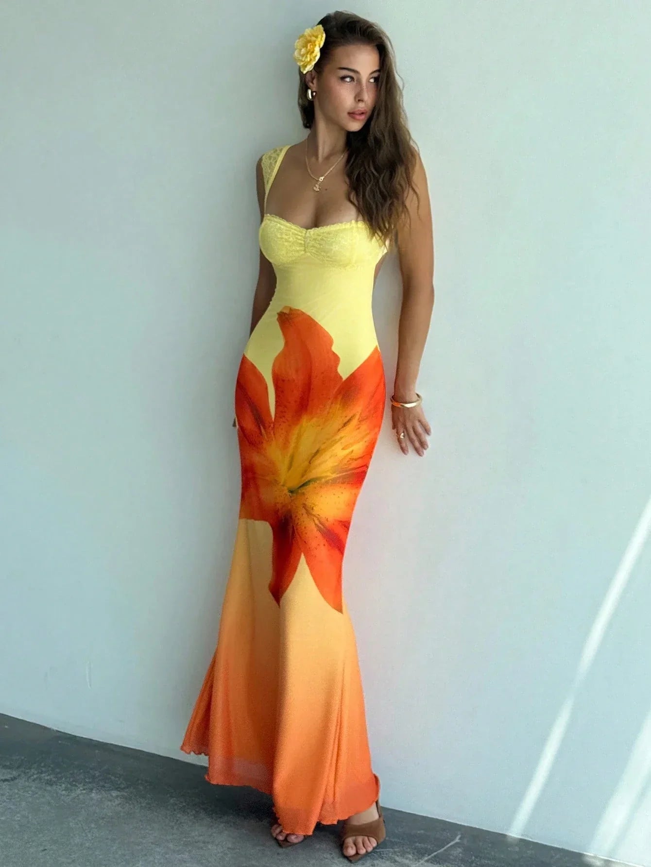Women's Floral Mesh Backless Mermaid Maxi Dress – Yellow Gradient Bodycon Dress