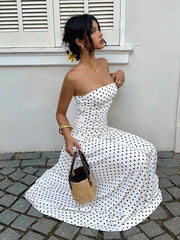 Women's Polka Dot Strapless Ruffle Maxi Dress – Backless A-Line Vacation & Party Dress
