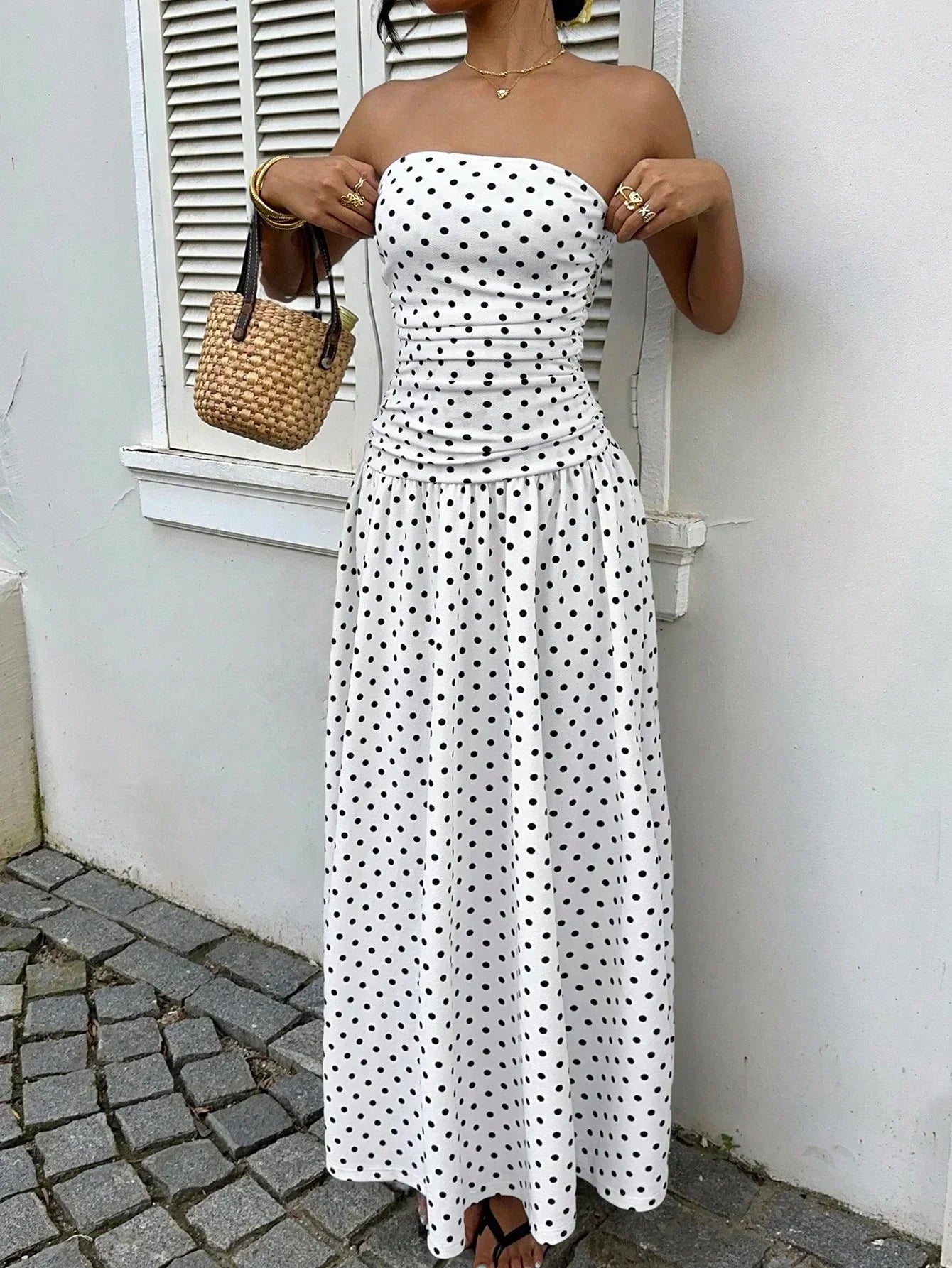 Women's Polka Dot Strapless Ruffle Maxi Dress – Backless A-Line Vacation & Party Dress