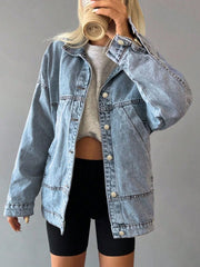 Women's Oversized Denim Jacket – Casual Light Wash Button-Up Coat