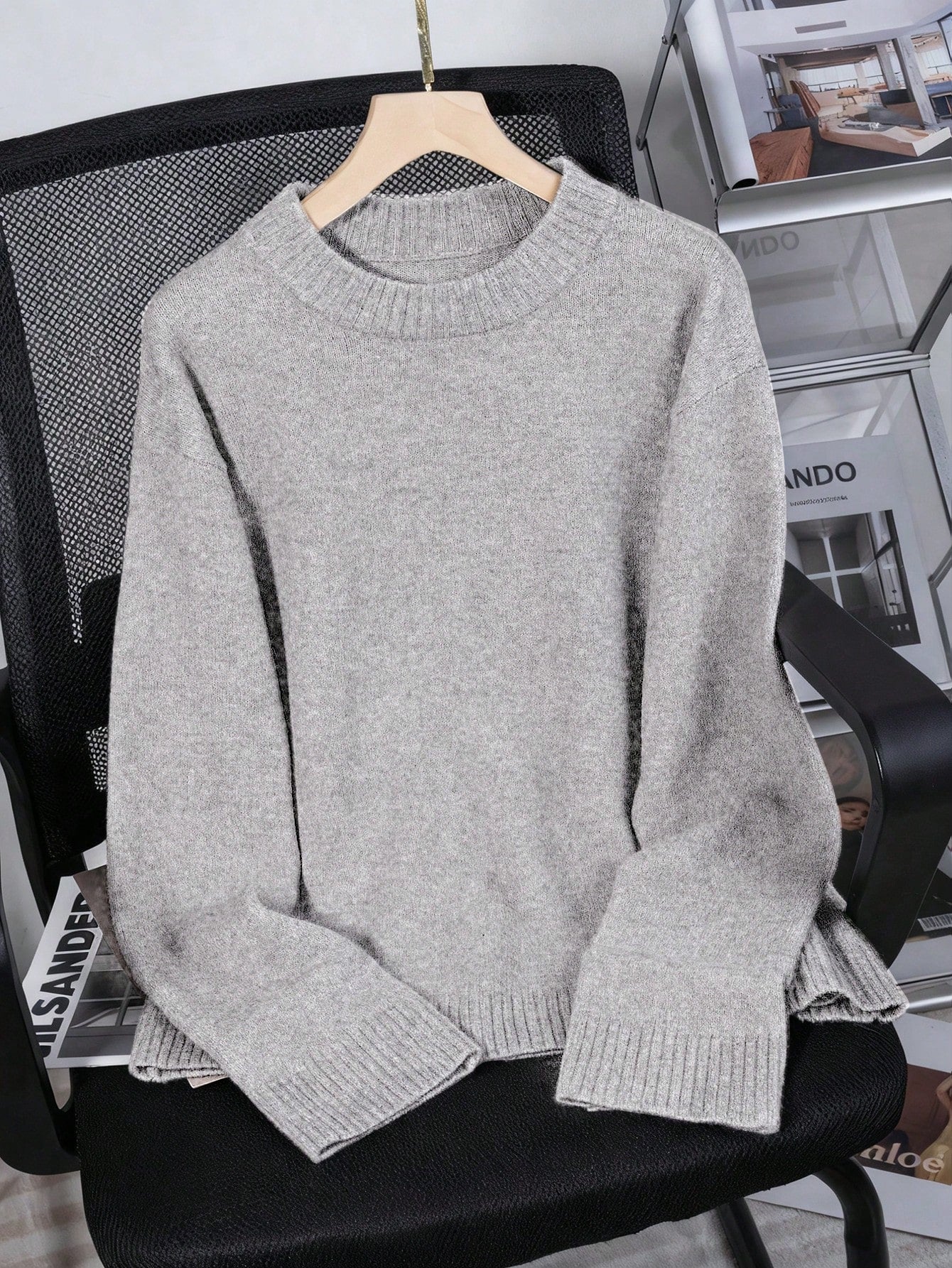 Women's Loose Knit Sweater – Casual Drop Shoulder Stand Collar Pullover