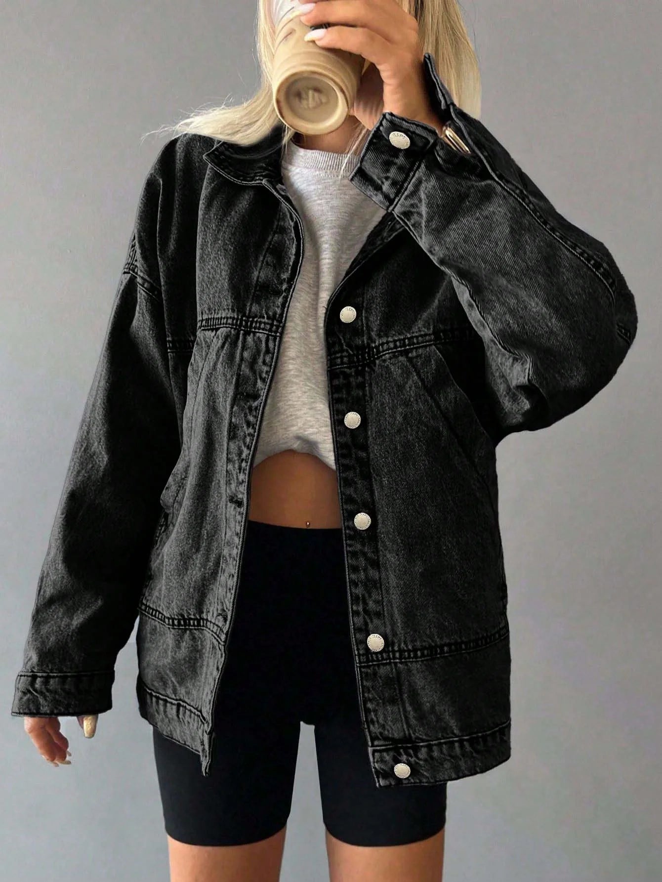 Women's Oversized Denim Jacket – Casual Light Wash Button-Up Coat