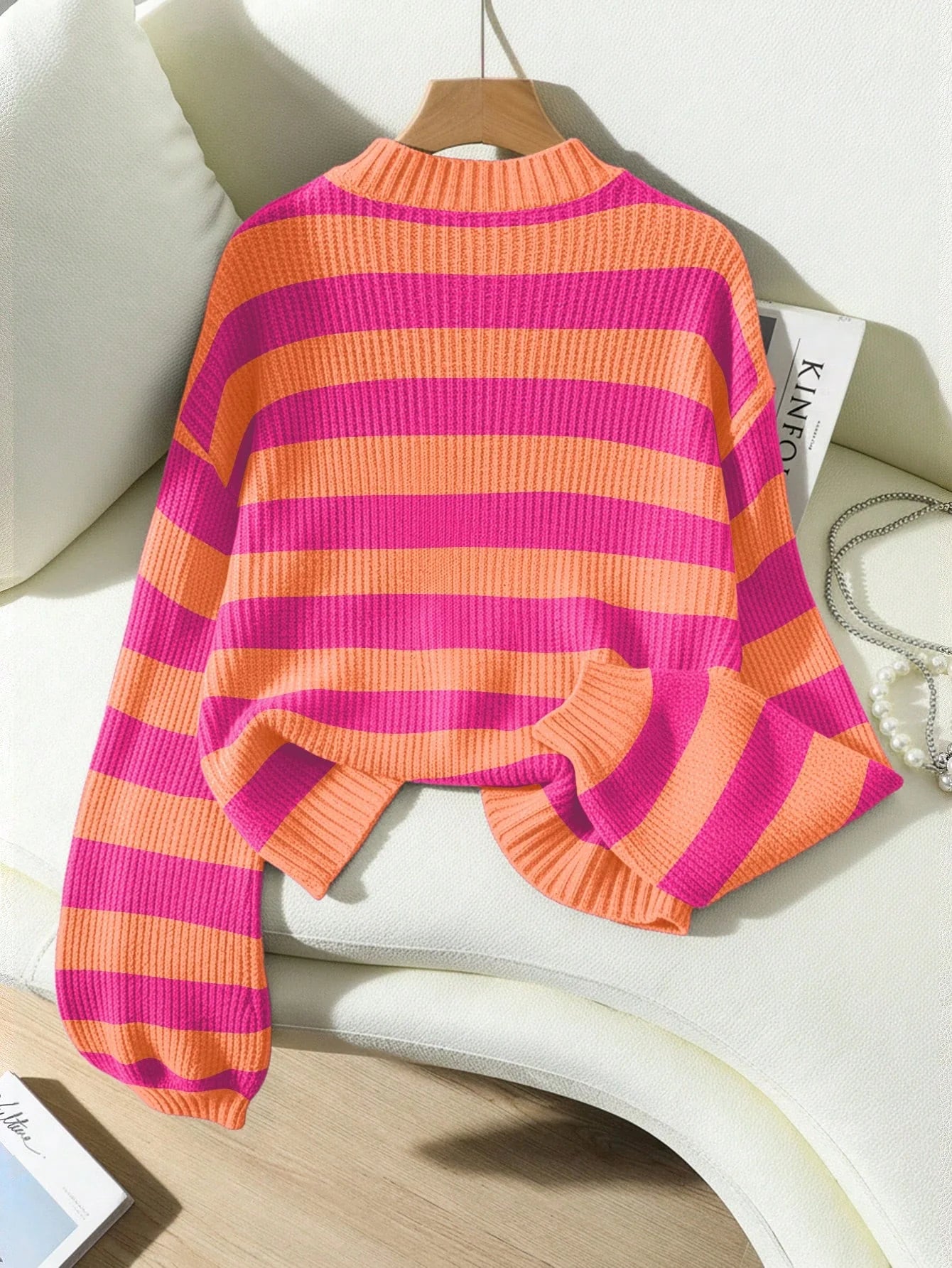 Women's Striped Knit Sweater – Casual Drop Shoulder Long Sleeve Pullover