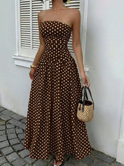 Women's Polka Dot Strapless Maxi Dress – Backless A-Line Vacation Sundress