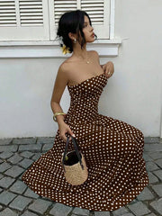 Women's Polka Dot Strapless Maxi Dress – Backless A-Line Vacation Sundress