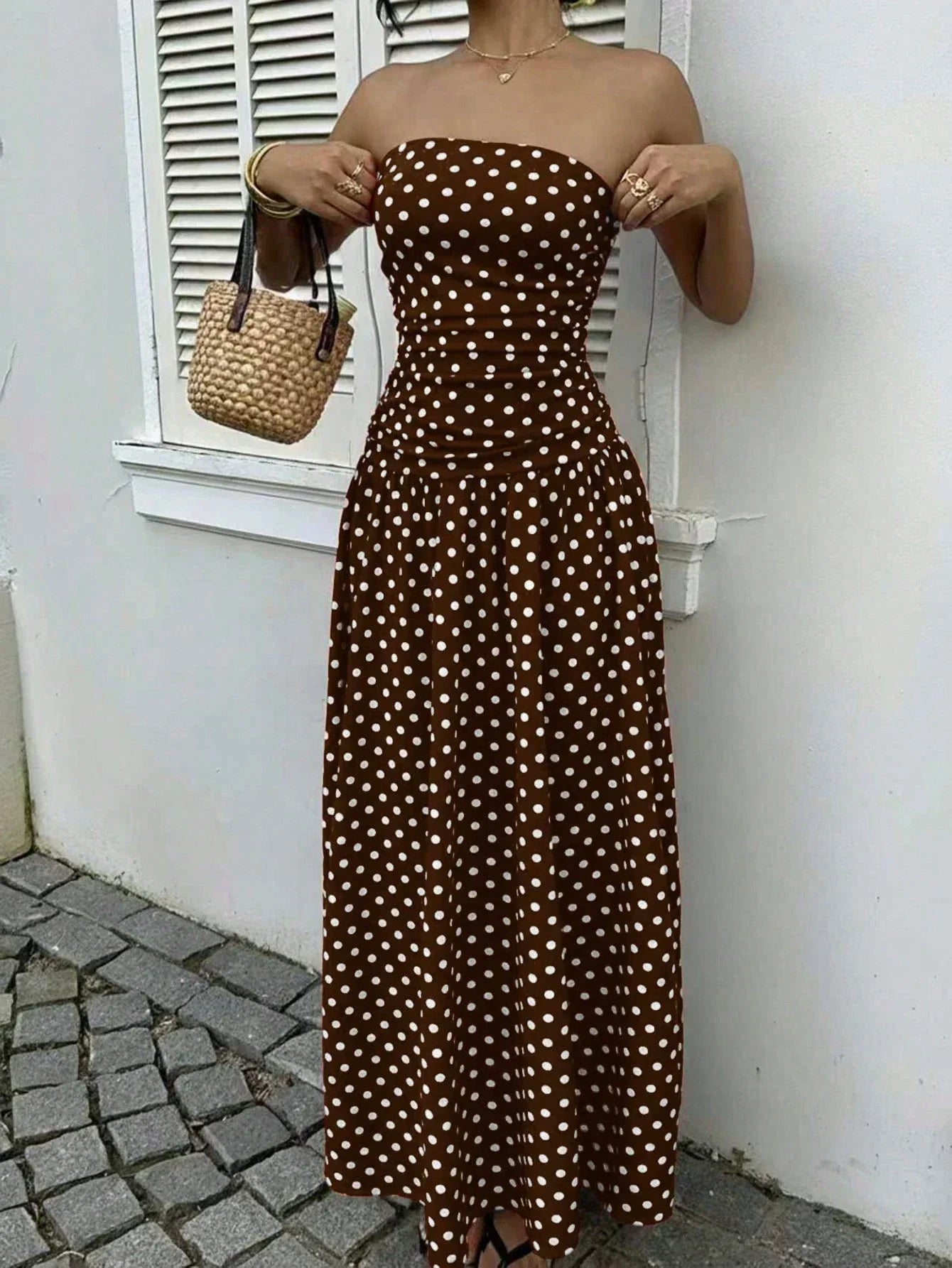 Women's Polka Dot Strapless Maxi Dress – Backless A-Line Vacation Sundress