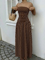 Women's Polka Dot Strapless Maxi Dress – Backless A-Line Vacation Sundress