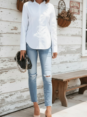 Women's Elegant Button-Up White Shirt – Casual Long Sleeve Office Blouse
