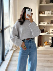 Women's Loose Knit Sweater – Casual Drop Shoulder Stand Collar Pullover