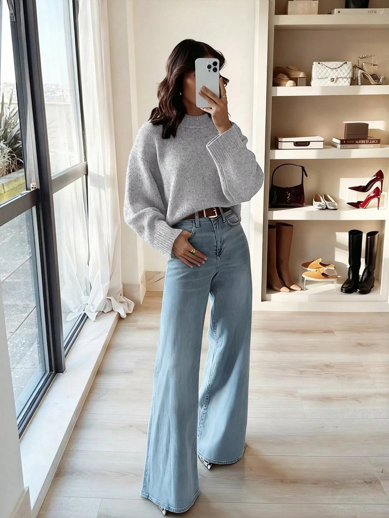 Women's Loose Knit Sweater – Casual Drop Shoulder Stand Collar Pullover