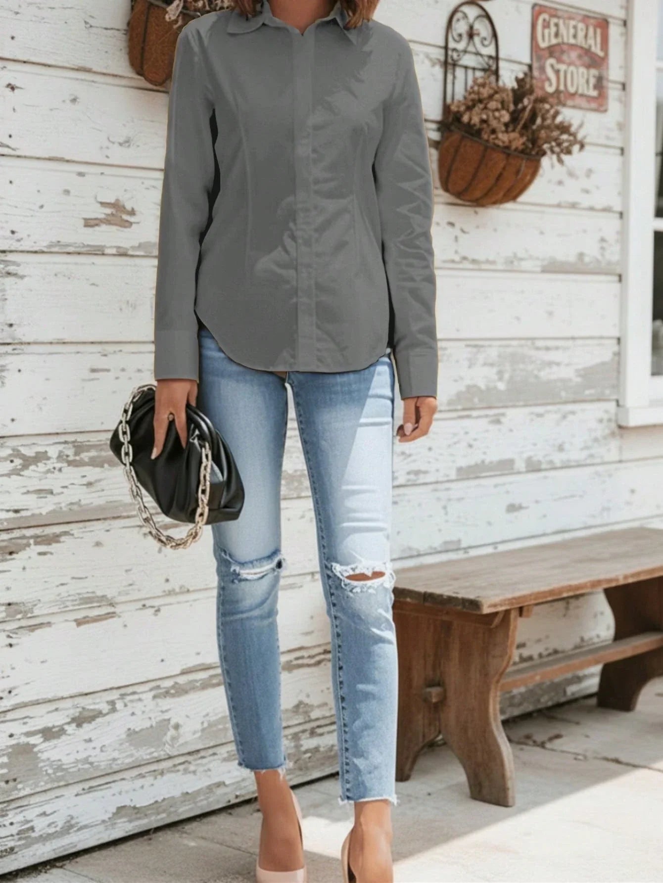Women's Elegant Button-Up White Shirt – Casual Long Sleeve Office Blouse