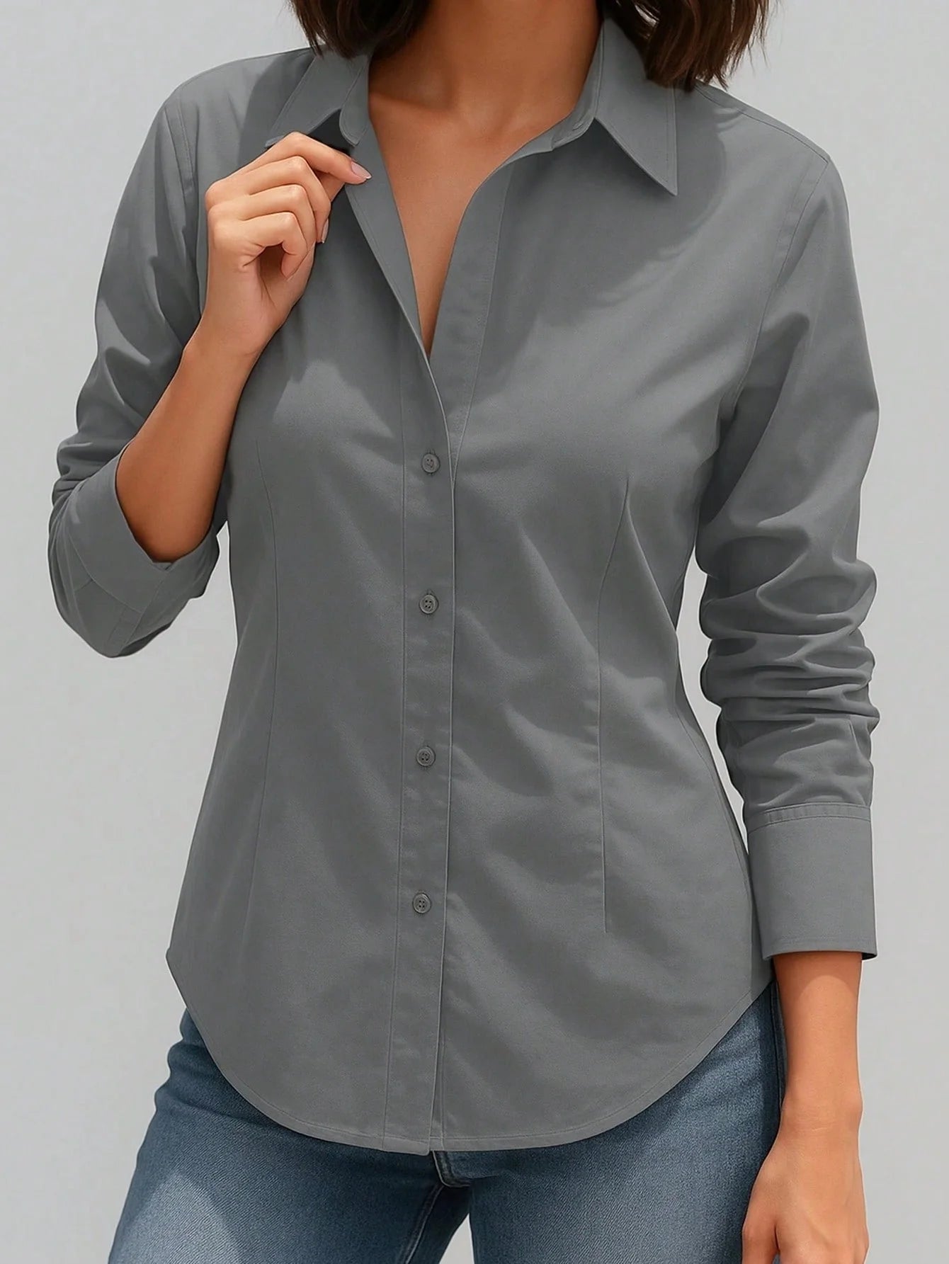 Women's Elegant Button-Up White Shirt – Casual Long Sleeve Office Blouse