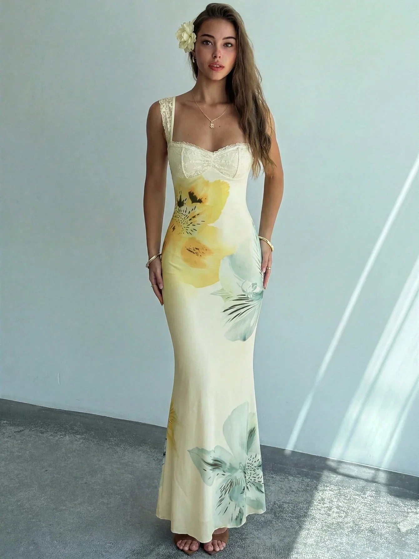 Women's Floral Mesh Backless Mermaid Maxi Dress – Yellow Gradient Bodycon Dress