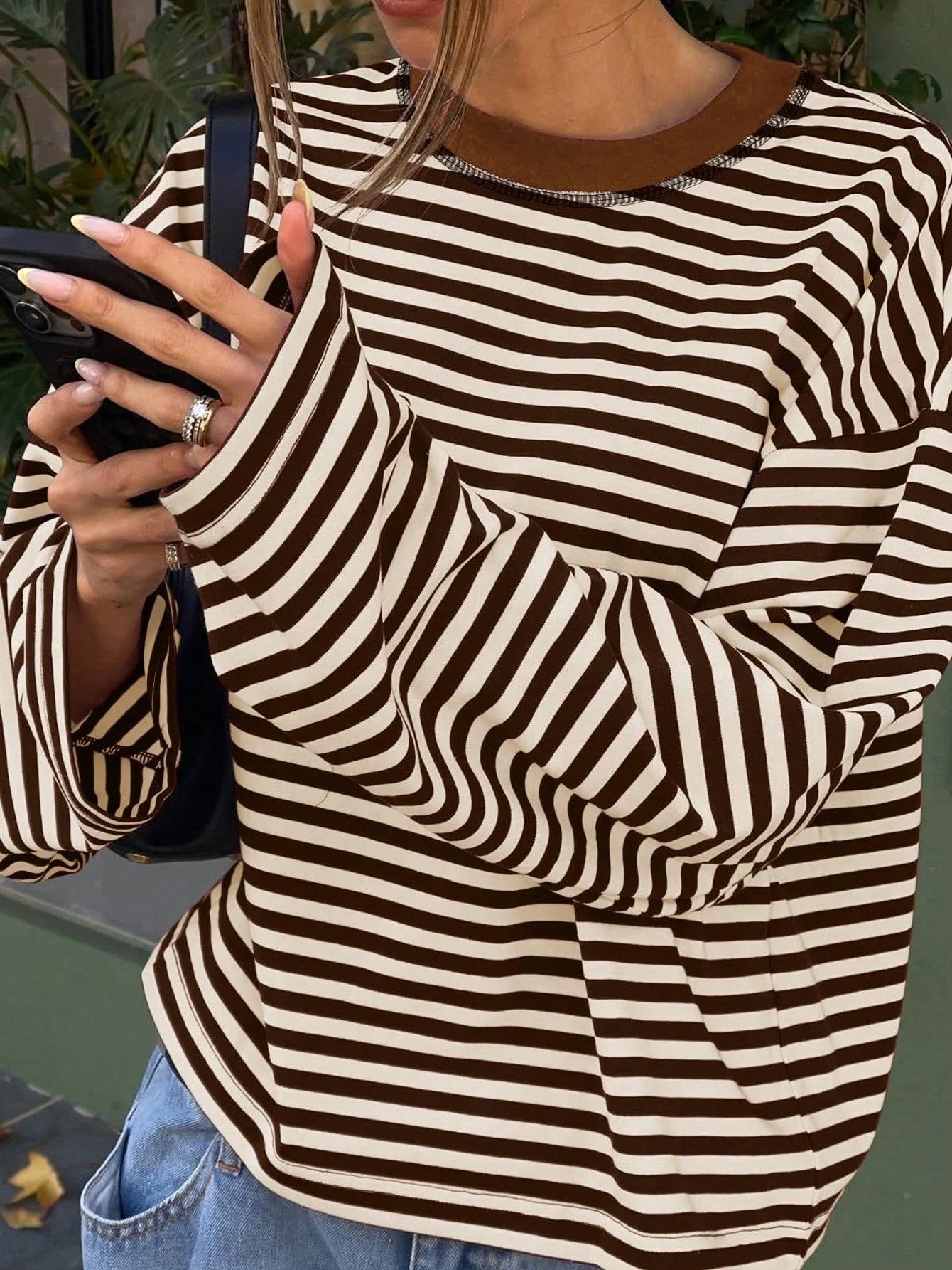 Women's Striped Ribbed Knit Casual Top – Loose Fit Long Sleeve Pullover