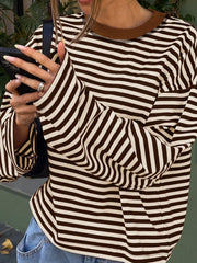 Women's Striped Ribbed Knit Casual Top – Loose Fit Long Sleeve Pullover