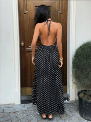 Women's Polka Dot Halter Backless Maxi Dress – Elegant Black Tie-Back Vacation Dress