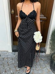 Women's Polka Dot Halter Backless Maxi Dress – Elegant Black Tie-Back Vacation Dress