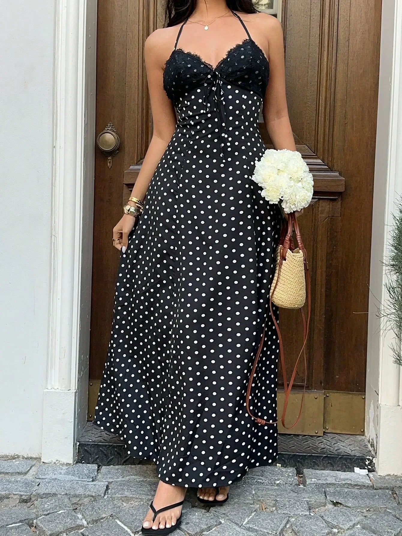 Women's Polka Dot Halter Backless Maxi Dress – Elegant Black Tie-Back Vacation Dress