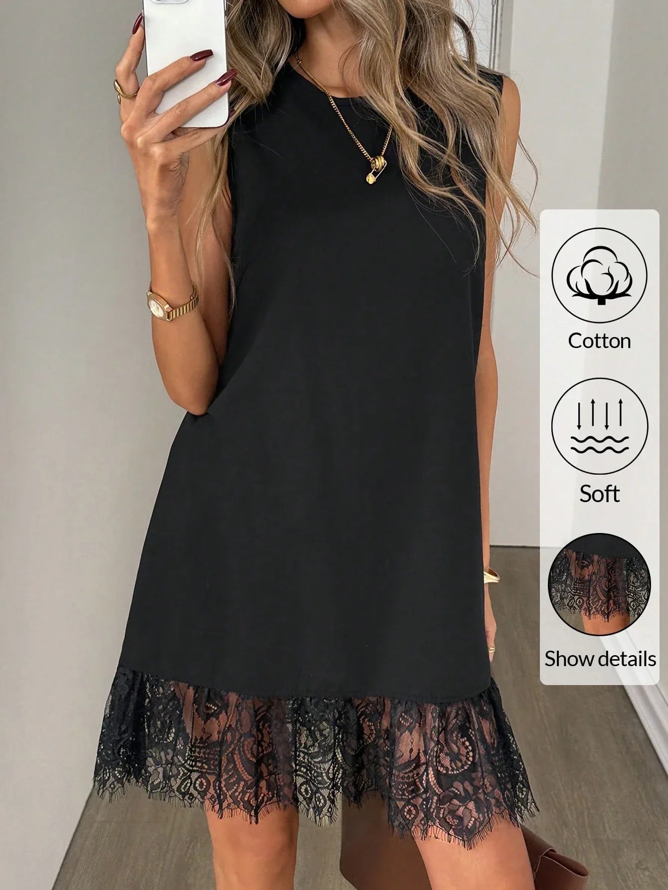 Women's Cotton Lace Hem Mini Dress – Casual Black Sleeveless Vacation Dress