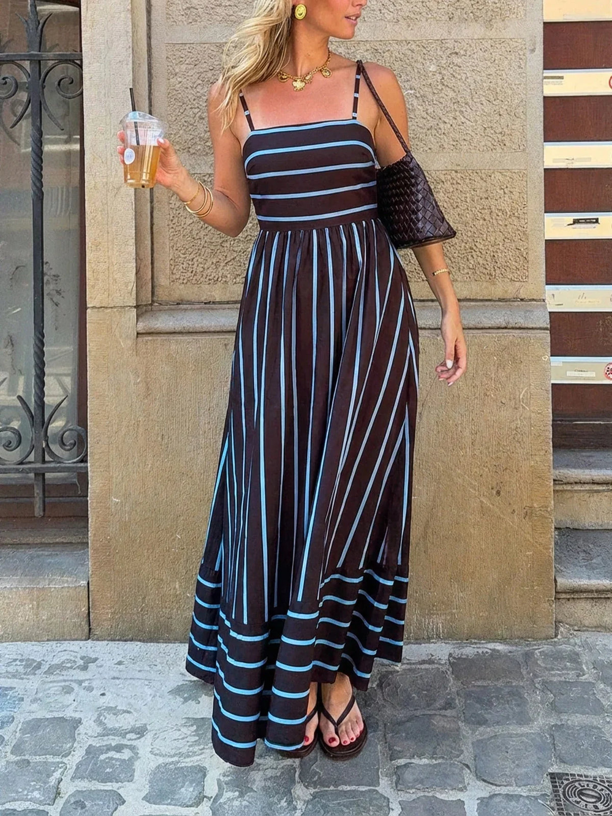 Women's Striped Spaghetti Strap Maxi Dress – Casual Rust Brown Vacation Dress