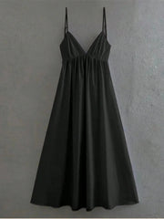 Women's Black Spaghetti Strap Backless Midi Dress – Casual Flowy Summer Dress