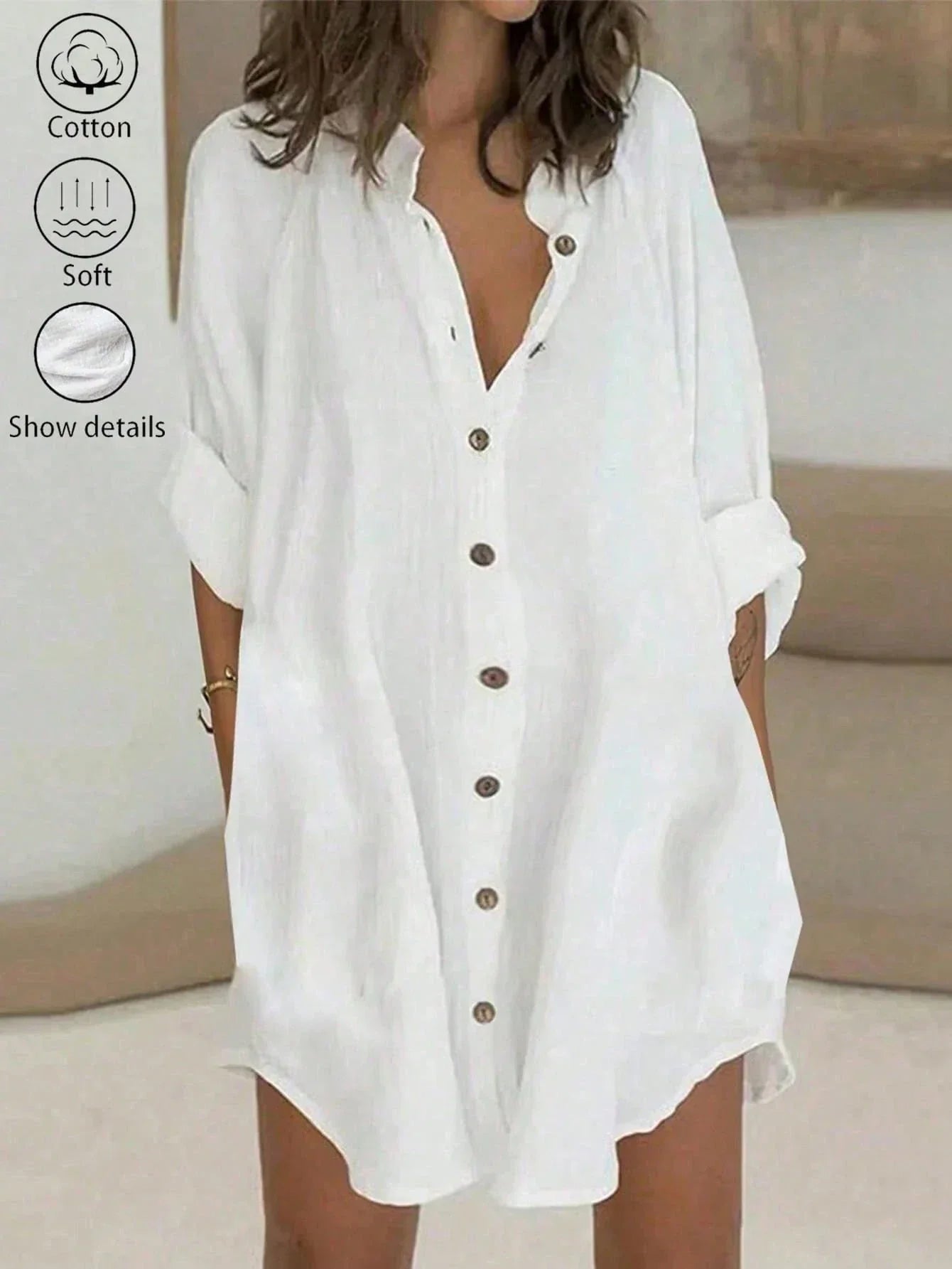 Women's Textured Button-Front Shirt Dress – Casual White Cotton Midi Dress