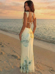 Women's Floral Mesh Backless Mermaid Maxi Dress – Yellow Gradient Bodycon Dress