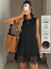 Women's Cotton Lace Hem Mini Dress – Casual Black Sleeveless Vacation Dress
