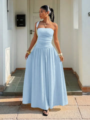 Women's Baby Blue Textured Knit Maxi Dress – Elegant Spaghetti Strap Vacation Dress