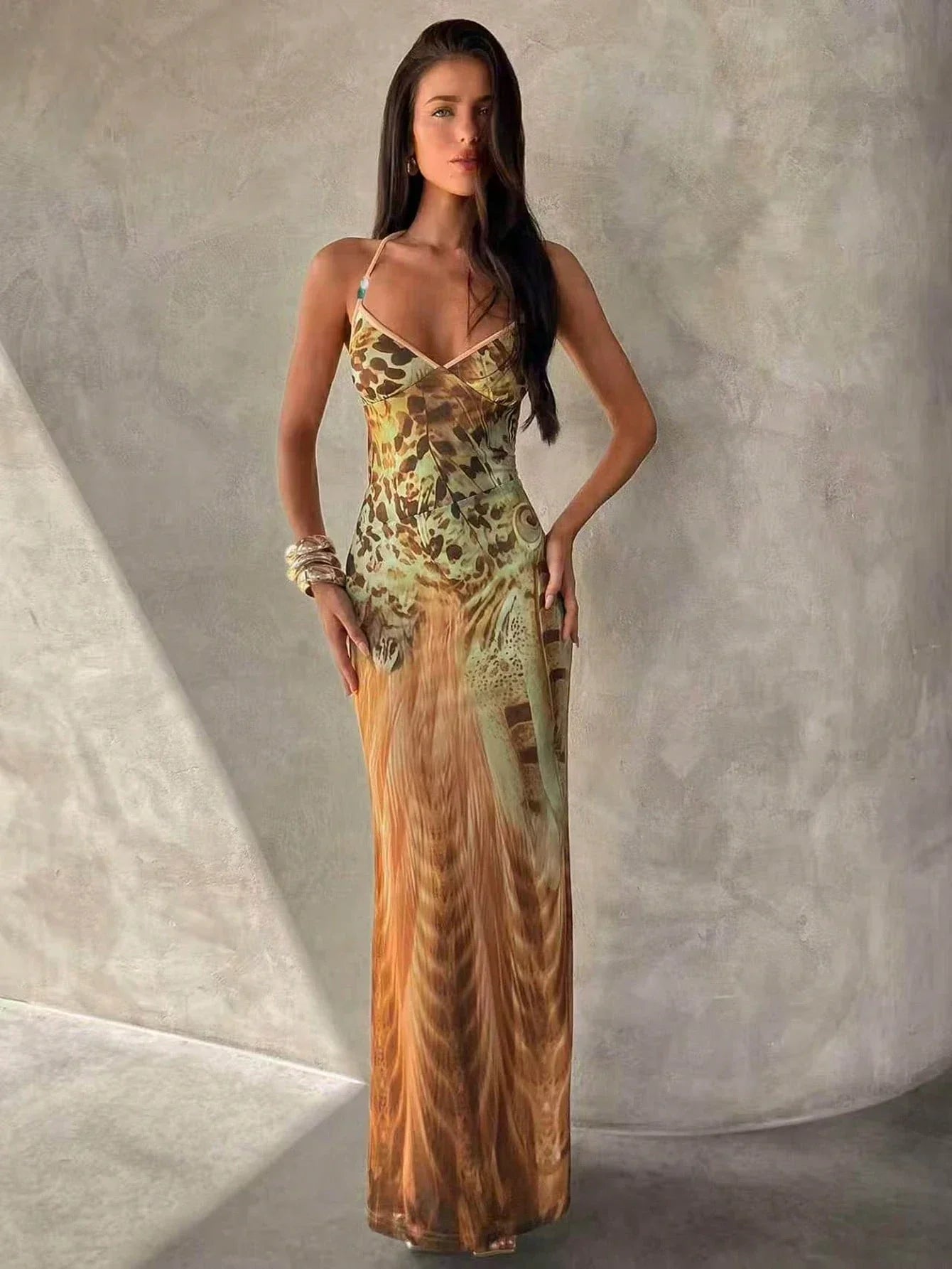 Women's Leopard Print Spaghetti Strap Maxi Dress – Beaded Tassel Party Dress
