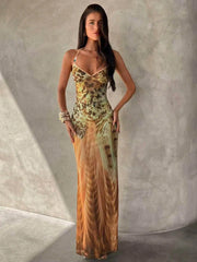 Women's Leopard Print Spaghetti Strap Maxi Dress – Beaded Tassel Party Dress