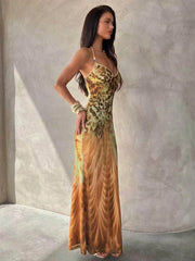 Women's Leopard Print Spaghetti Strap Maxi Dress – Beaded Tassel Party Dress