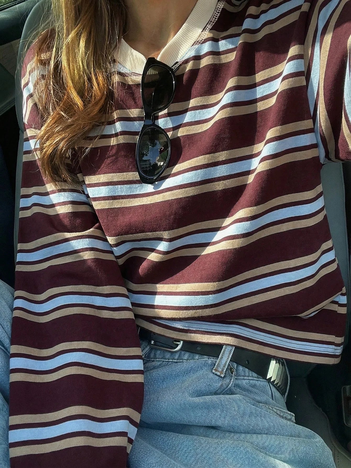 Women's Striped Ribbed Knit Casual Top – Loose Fit Long Sleeve Pullover