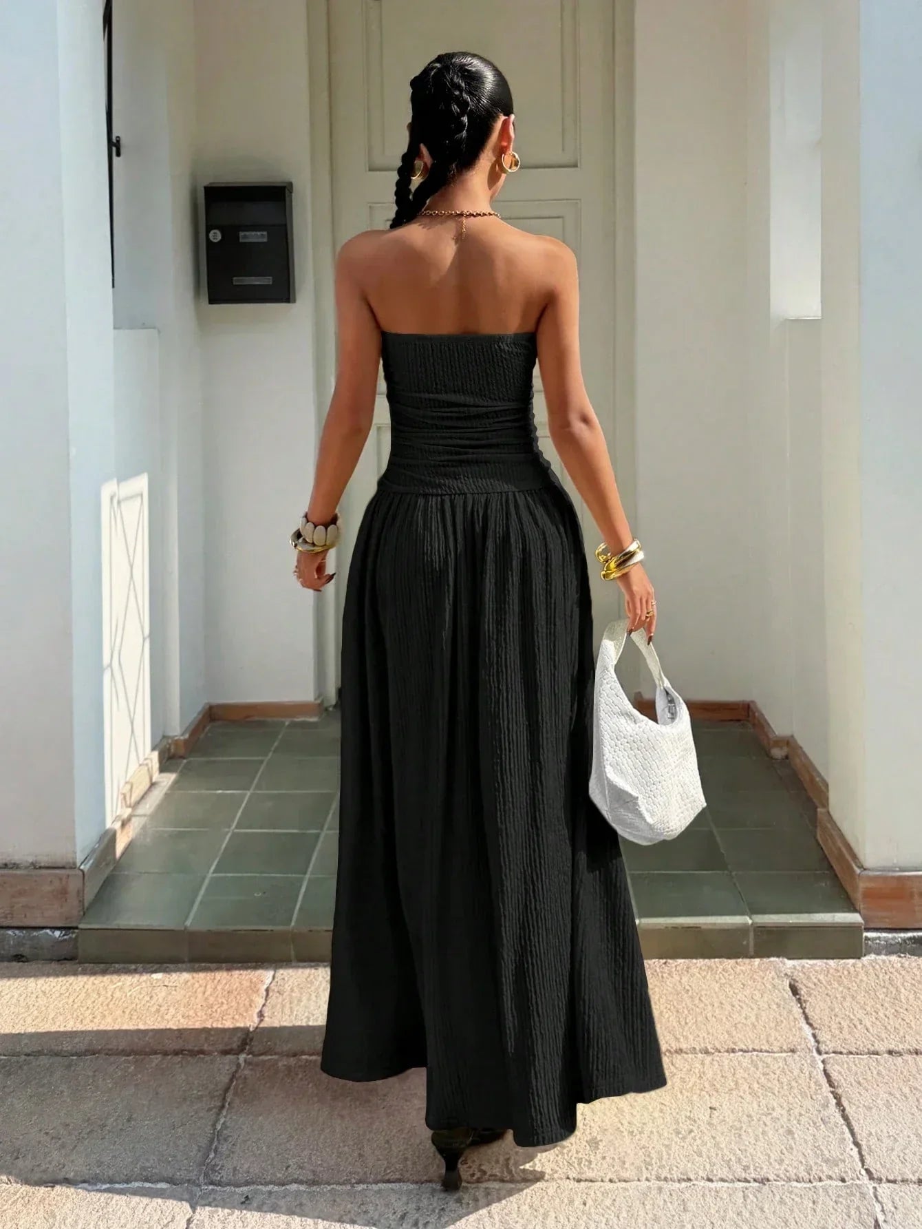 Women's Textured Knit Maxi Dress – Elegant Black Spaghetti Strap Dress