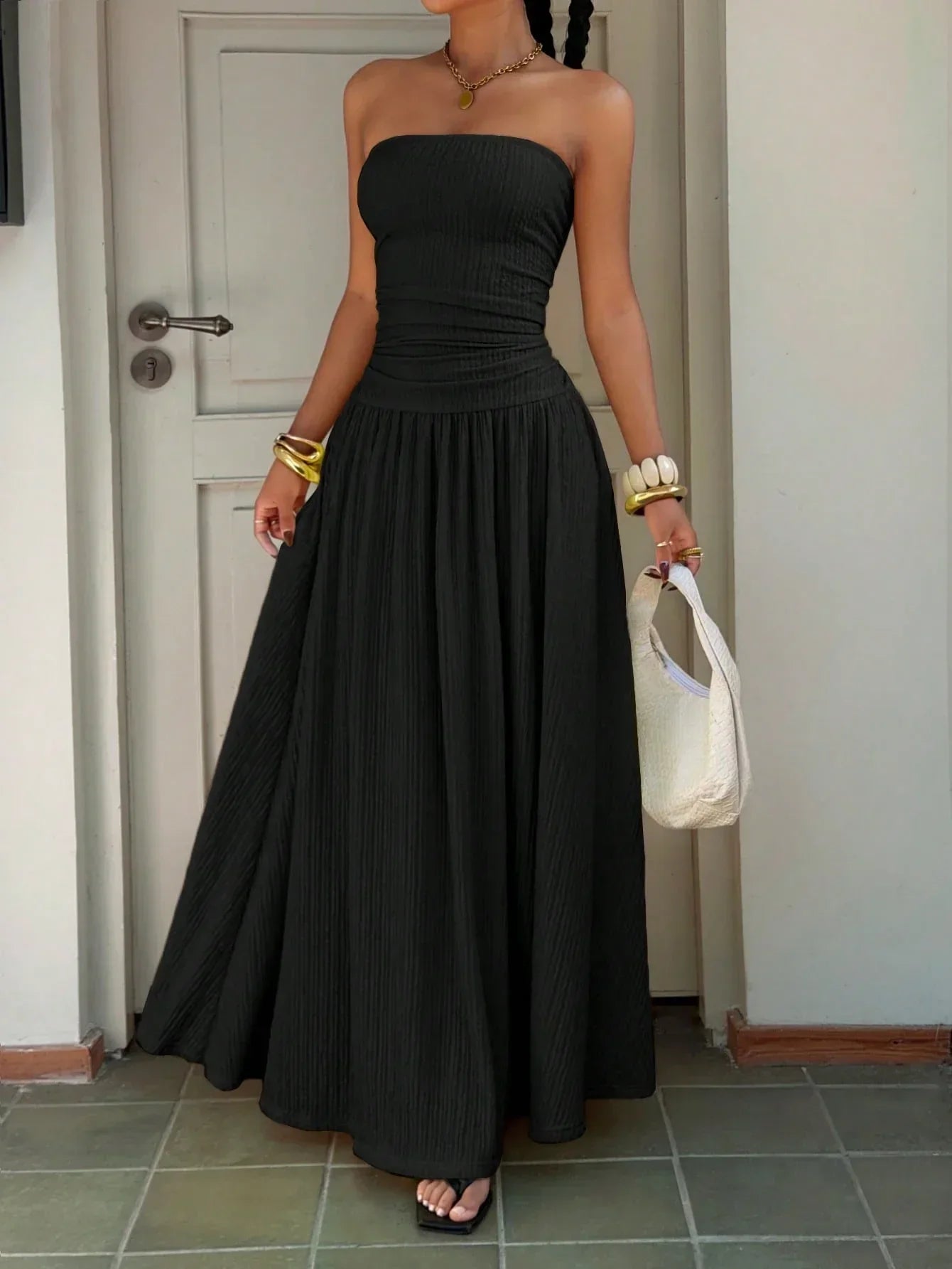 Women's Textured Knit Maxi Dress – Elegant Black Spaghetti Strap Dress