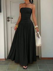 Women's Textured Knit Maxi Dress – Elegant Black Spaghetti Strap Dress