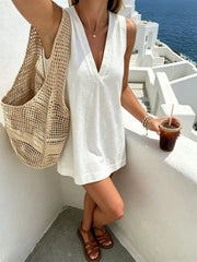 Women's White Cotton Sleeveless V-Neck Mini Dress – Casual A-Line Summer Dress
