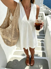 Women's White Cotton Sleeveless V-Neck Mini Dress – Casual A-Line Summer Dress
