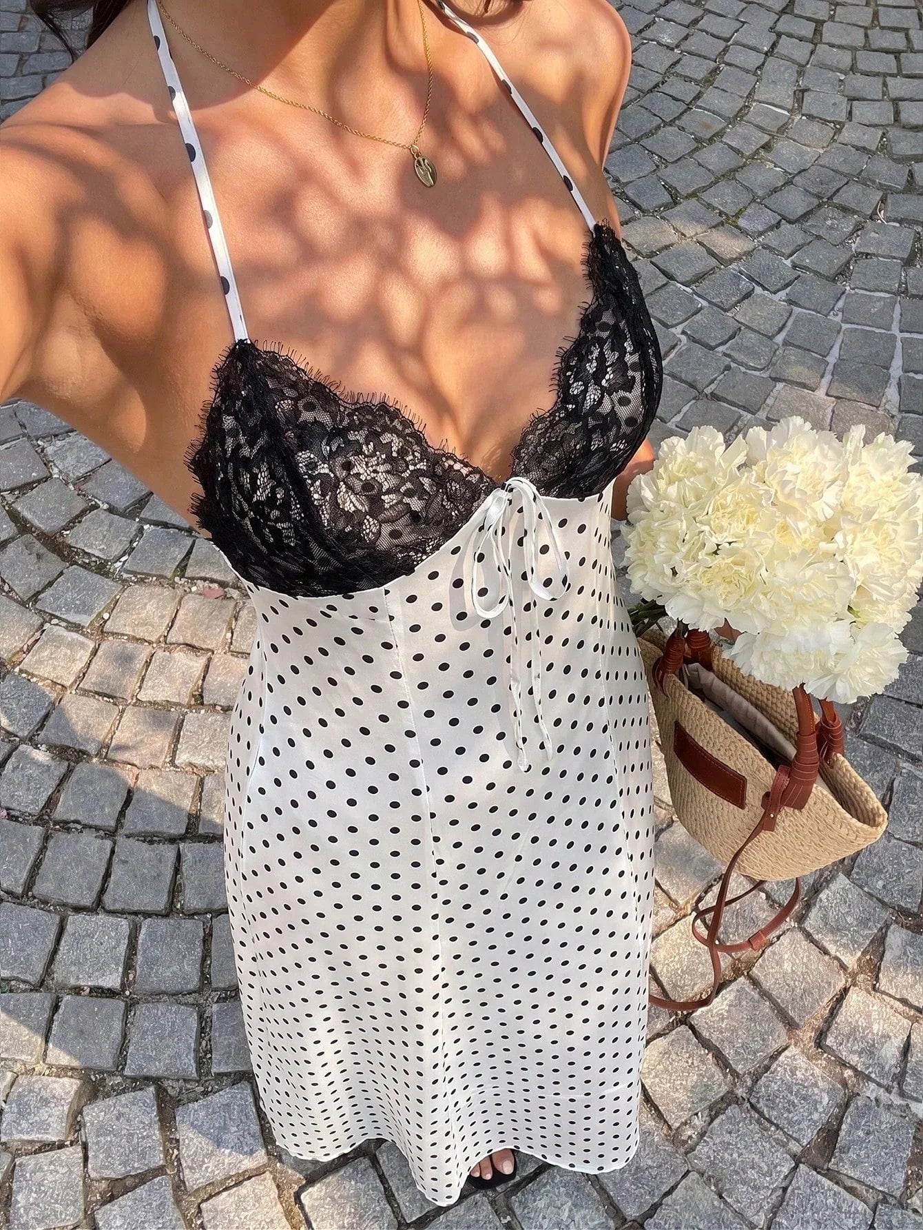 Women's Polka Dot Halter Backless Maxi Dress – Elegant Black Tie-Back Vacation Dress